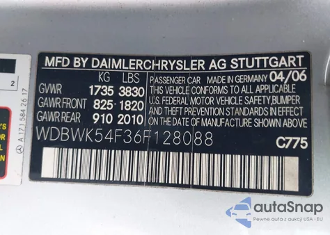 2006 Mercedes-Benz Slk 280 из США, поврежденный, VIN WDBWK54F36F128088